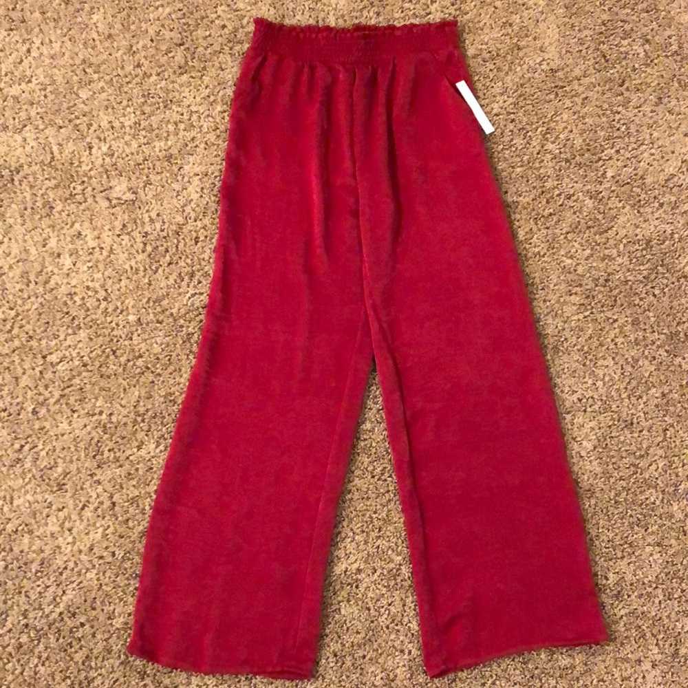 Red silky wide leg pants